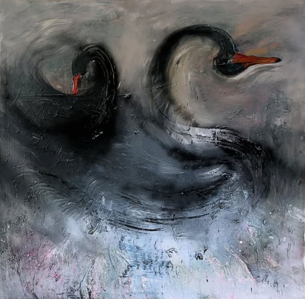 sara-priori-pittrice-quadro-l-urlo-del-cigno-nero-acrilici-e-olio-su-tela-100x100
