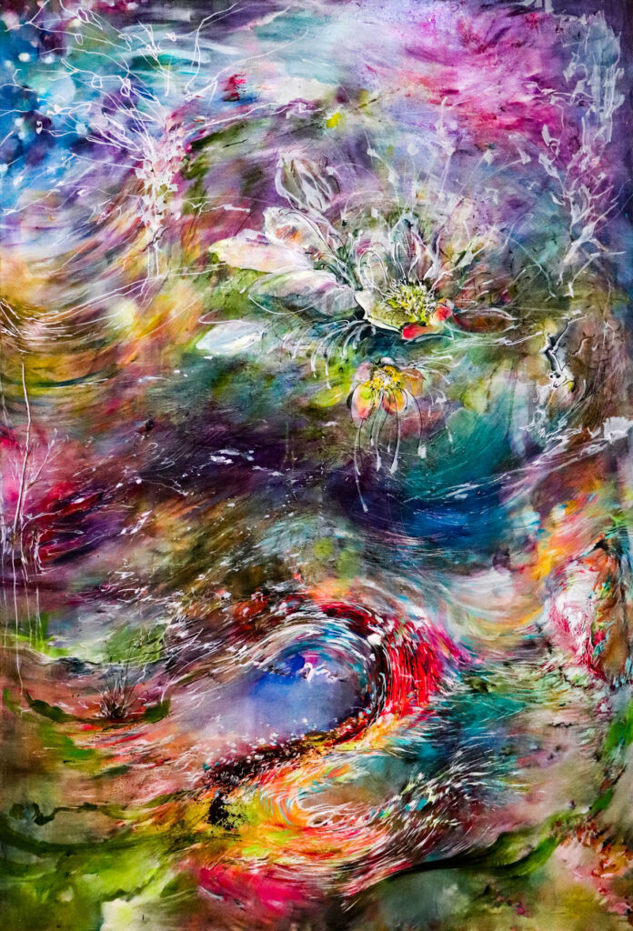 Dipinto Aurora sogna "Anche nel caos può esistere un centro che continua a fiorire." Olio su tela, 150 x 100cm