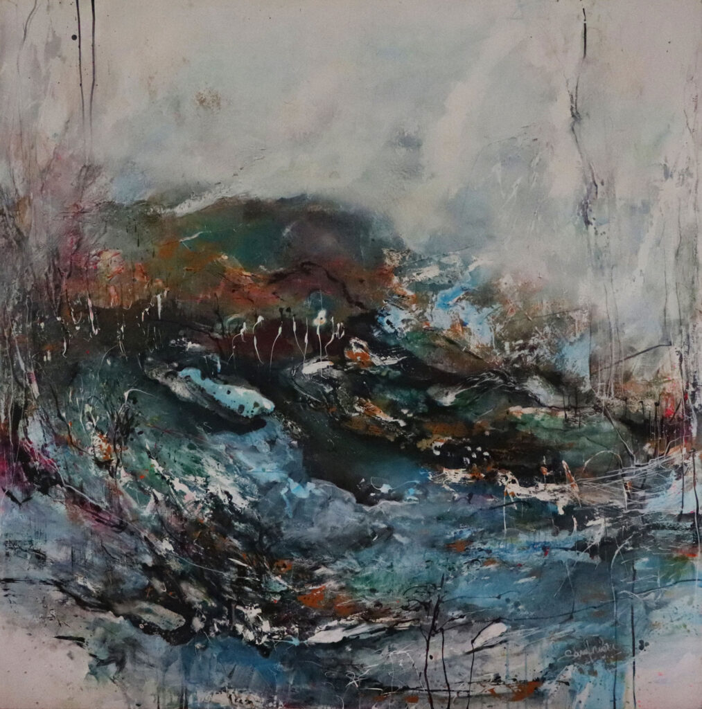 Dipinto Respira piano "Respira il silenzio, respira la pace." Acrilici e stucchi su tela, 130 x 130cm